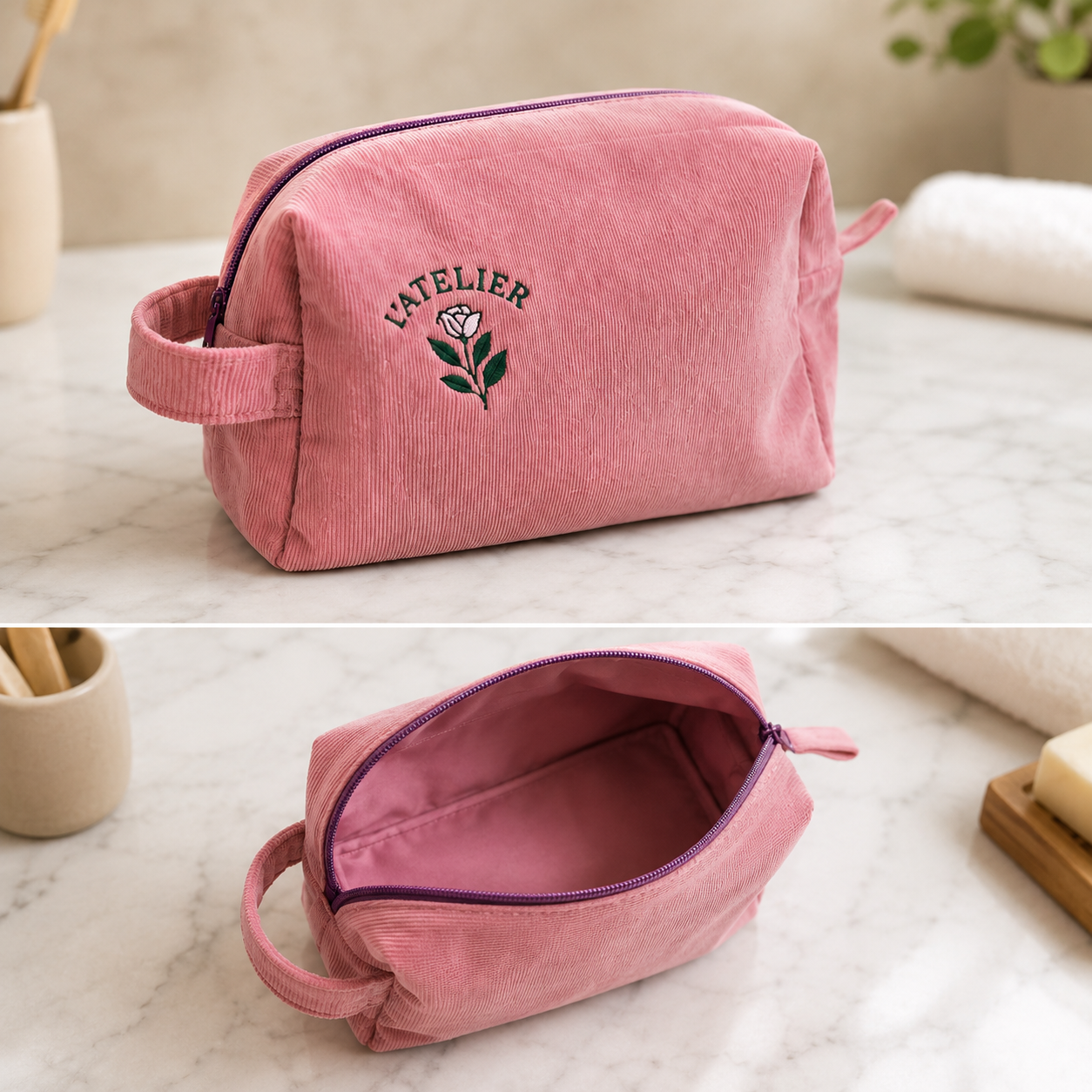 Pochette Atelier – Rose poudré Trousse de toilette artisanale en maille côtelée